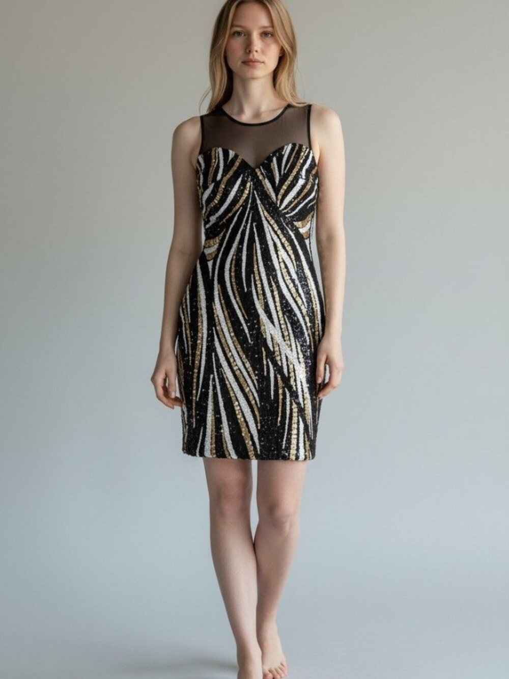 Sleeveless Sequin Dress Black Gold White Abstract Pattern Above Knee